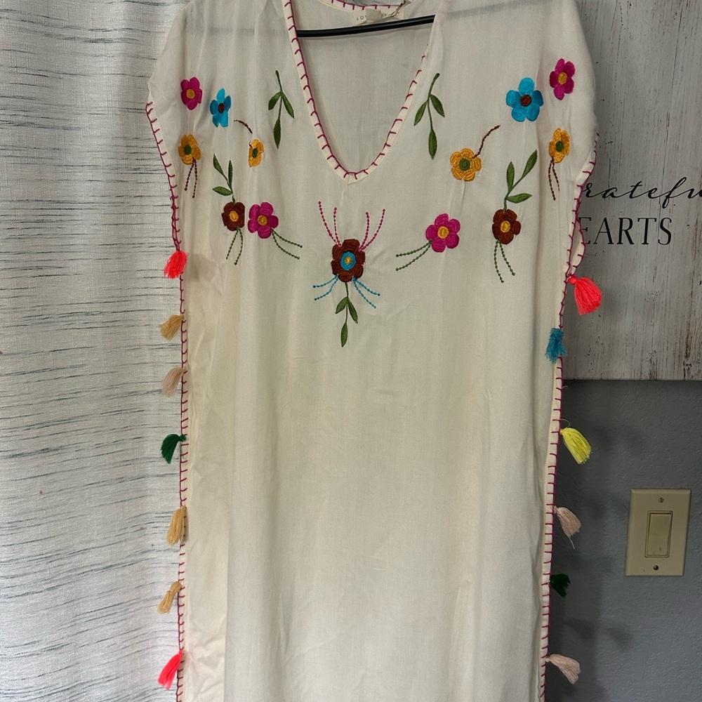 Lovestitch Cream Kaftan with Pink Embroidery